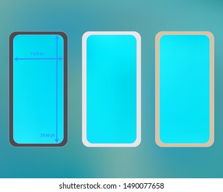 Mesh, cyan colored phone backgrounds kit. Professional backdrop. New separated groups, easy to edit EPS. Plain screen design set, isolated background. 2436x1125 ratio.