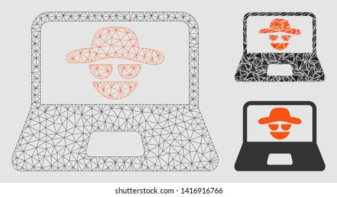 Mesh cyber crime model with triangle mosaic icon. Wire carcass polygonal mesh of cyber crime. Vector composition of triangles in various sizes and color tints.