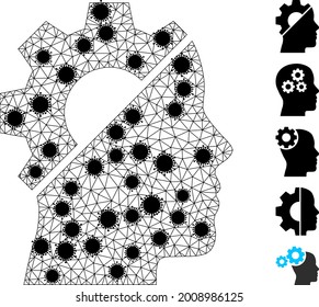 Mesh cyborg gear polygonal icon vector illustration, with black virus items. Model is based on cyborg gear flat icon, with virus items and polygonal mesh.