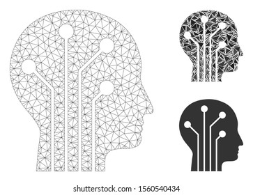 Mesh cyborg head circuit model with triangle mosaic icon. Wire frame polygonal network of cyborg head circuit. Vector mosaic of triangle elements in variable sizes, and color tints.