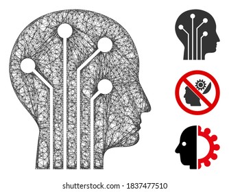 Mesh cyborg head circuit polygonal web icon vector illustration. Carcass model is based on cyborg head circuit flat icon. Triangle mesh forms abstract cyborg head circuit flat carcass.