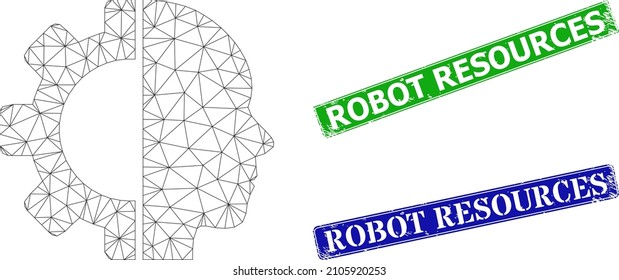 Mesh cyborg head image, and Robot Resources blue and green rectangle grunge stamp seals. Polygonal carcass image created from cyborg head icon.