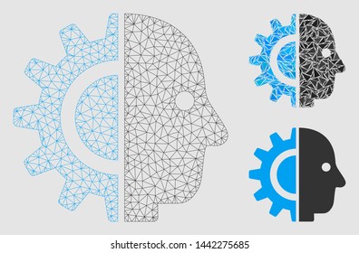 Mesh cyborg head model with triangle mosaic icon. Wire frame polygonal mesh of cyborg head. Vector collage of triangle parts in variable sizes and color tints.