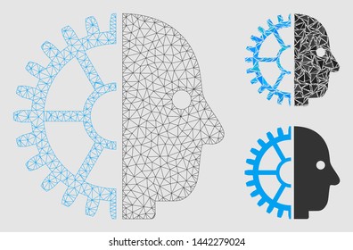 Mesh cyborg head model with triangle mosaic icon. Wire carcass triangular network of cyborg head. Vector collage of triangle elements in different sizes and color hues.