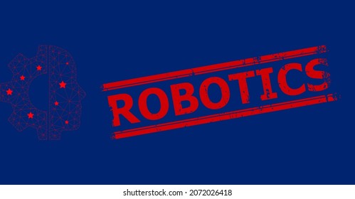 Mesh cyborg head polygonal icon vector illustration, and red ROBOTICS rough seal. Carcass model is based on cyborg head flat icon, with stars and triangular mesh.