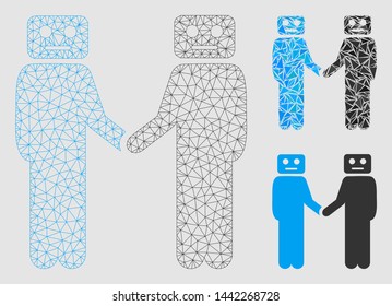 Mesh cyborg meeting model with triangle mosaic icon. Wire carcass polygonal mesh of cyborg meeting. Vector mosaic of triangle parts in various sizes and color tints.