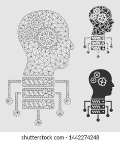 Mesh cyborg server node model with triangle mosaic icon. Wire frame polygonal network of cyborg server node. Vector mosaic of triangle parts in variable sizes and color tones.