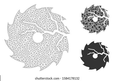 Mesh damaged circular saw model with triangle mosaic icon. Wire frame triangular mesh of damaged circular saw. Vector mosaic of triangle parts in variable sizes, and color tints.