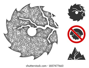 Mesh damaged circular saw polygonal web icon vector illustration. Carcass model is based on damaged circular saw flat icon. Triangular mesh forms abstract damaged circular saw flat model.