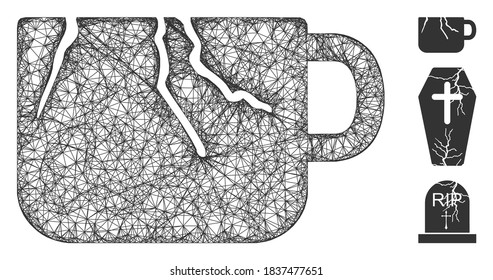 Mesh damaged cup polygonal web icon vector illustration. Carcass model is based on damaged cup flat icon. Triangle network forms abstract damaged cup flat model.