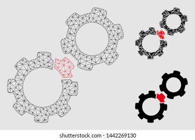 Mesh damaged gears model with triangle mosaic icon. Wire frame triangular mesh of damaged gears. Vector mosaic of triangle elements in variable sizes and color hues.