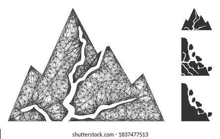 Mesh damaged rocks polygonal web 2d vector illustration. Carcass model is based on damaged rocks flat icon. Triangle network forms abstract damaged rocks flat carcass.