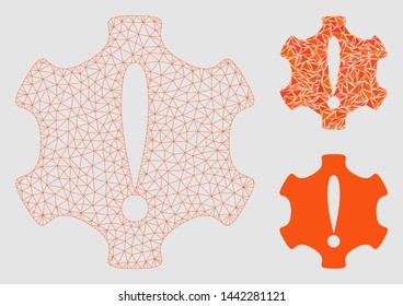 Mesh danger model with triangle mosaic icon. Wire carcass polygonal mesh of danger. Vector collage of triangle parts in different sizes and color tones. Abstract flat mesh designed with triangles.