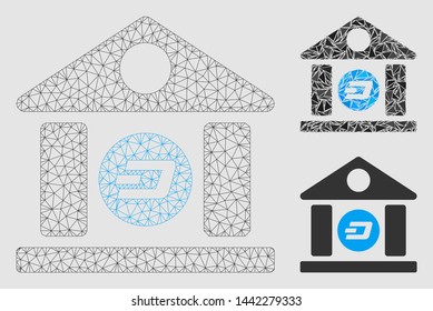 Mesh Dash bank building model with triangle mosaic icon. Wire carcass polygonal mesh of Dash bank building. Vector mosaic of triangle elements in different sizes and color tinges.