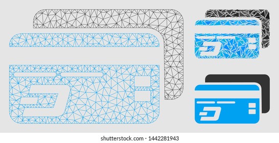 Mesh Dash bank cards model with triangle mosaic icon. Wire frame polygonal mesh of Dash bank cards. Vector collage of triangle elements in variable sizes and color tints.