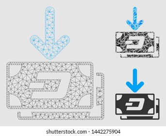 Mesh Dash banknotes income model with triangle mosaic icon. Wire frame triangular mesh of Dash banknotes income. Vector mosaic of triangle parts in variable sizes and color tints.