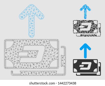 Mesh Dash banknotes pay out model with triangle mosaic icon. Wire frame polygonal mesh of Dash banknotes pay out. Vector mosaic of triangles in various sizes and color tones.