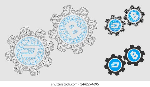 Mesh Dash Bitcoin gears model with triangle mosaic icon. Wire frame polygonal mesh of Dash Bitcoin gears. Vector collage of triangle elements in different sizes and color tints.