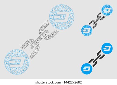 Mesh Dash blockchain model with triangle mosaic icon. Wire carcass triangular network of Dash blockchain. Vector mosaic of triangle parts in various sizes and color tinges.