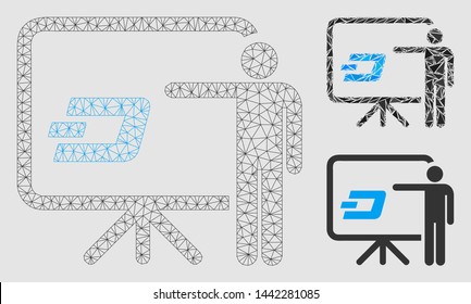 Mesh Dash board presentation person model with triangle mosaic icon. Wire frame triangular mesh of Dash board presentation person. Vector collage of triangles in various sizes and color shades.