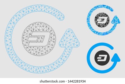 Mesh Dash chargeback model with triangle mosaic icon. Wire frame triangular mesh of Dash chargeback. Vector collage of triangle parts in different sizes and color tones.