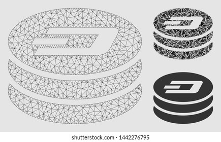 Mesh Dash coin column model with triangle mosaic icon. Wire frame triangular mesh of Dash coin column. Vector composition of triangles in various sizes and color tones.