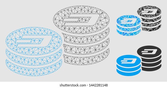 Mesh Dash coin columns model with triangle mosaic icon. Wire frame triangular mesh of Dash coin columns. Vector collage of triangles in different sizes and color tones.