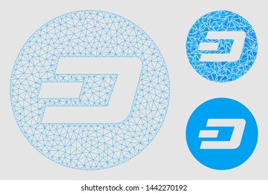 Mesh Dash coin model with triangle mosaic icon. Wire frame triangular mesh of Dash coin. Vector collage of triangle elements in various sizes and color tinges.