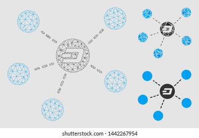 Mesh Dash coin relations model with triangle mosaic icon. Wire frame triangular network of Dash coin relations. Vector mosaic of triangle parts in variable sizes and color tinges.