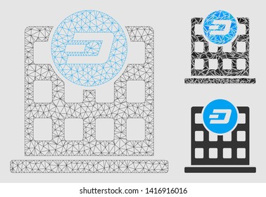 Mesh Dash company building model with triangle mosaic icon. Wire frame triangular mesh of Dash company building. Vector mosaic of triangle parts in variable sizes and color hues.