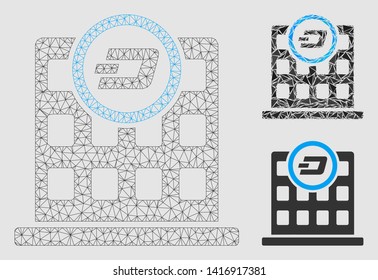 Mesh Dash corporation building model with triangle mosaic icon. Wire frame polygonal mesh of Dash corporation building. Vector mosaic of triangles in various sizes and color tinges.