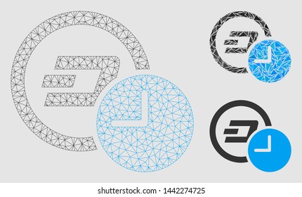 Mesh Dash credit time model with triangle mosaic icon. Wire carcass polygonal network of Dash credit time. Vector mosaic of triangle elements in different sizes and color shades.