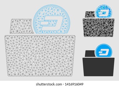 Mesh Dash folder model with triangle mosaic icon. Wire carcass polygonal mesh of Dash folder. Vector mosaic of triangle parts in various sizes and color hues. Abstract 2d mesh designed with triangles.