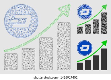 Mesh Dash growing chart model with triangle mosaic icon. Wire carcass triangular mesh of Dash growing chart. Vector mosaic of triangle elements in various sizes and color tinges.