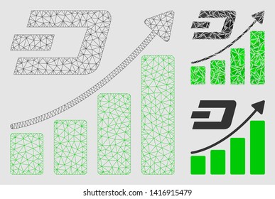 Mesh Dash growth trend model with triangle mosaic icon. Wire carcass polygonal mesh of Dash growth trend. Vector mosaic of triangle elements in variable sizes and color shades.
