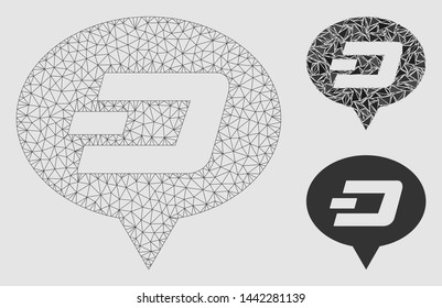Mesh Dash hint balloon model with triangle mosaic icon. Wire frame polygonal mesh of Dash hint balloon. Vector composition of triangle elements in different sizes and color hues.