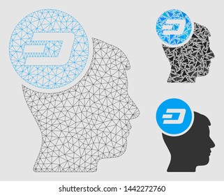 Mesh Dash idea head model with triangle mosaic icon. Wire frame polygonal mesh of Dash idea head. Vector collage of triangle elements in variable sizes and color hues.