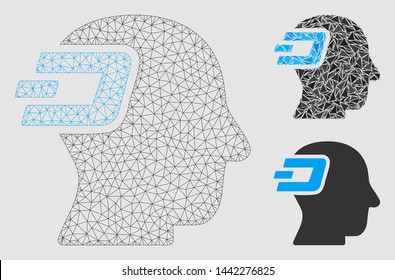 Mesh Dash imagination model with triangle mosaic icon. Wire frame triangular mesh of Dash imagination. Vector mosaic of triangle elements in various sizes and color shades.