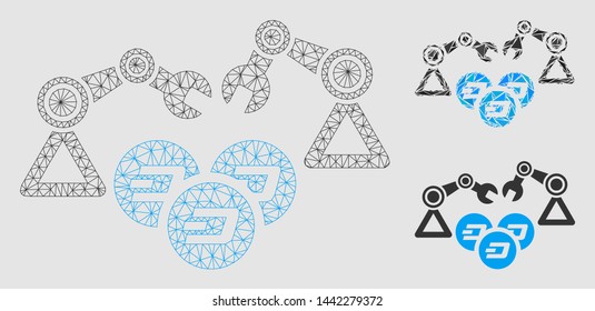 Mesh Dash mining robotics model with triangle mosaic icon. Wire frame polygonal mesh of Dash mining robotics. Vector collage of triangle parts in different sizes and color tinges.