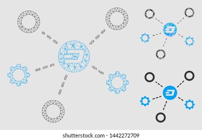 Mesh Dash network structure model with triangle mosaic icon. Wire frame polygonal mesh of Dash network structure. Vector composition of triangle elements in different sizes and color tinges.