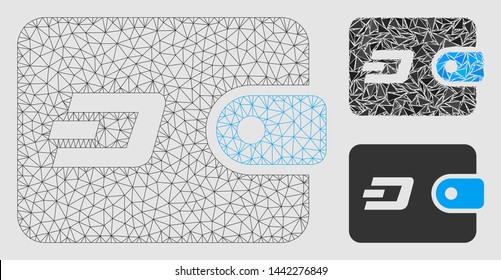 Mesh Dash pouch model with triangle mosaic icon. Wire frame polygonal mesh of Dash pouch. Vector collage of triangle parts in variable sizes and color tones.