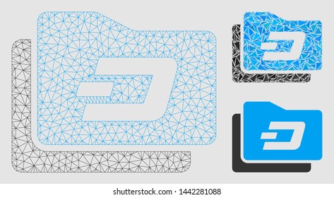Mesh Dash purse model with triangle mosaic icon. Wire carcass triangular mesh of Dash purse. Vector mosaic of triangle parts in variable sizes and color tones.