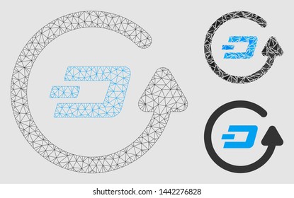 Mesh Dash refund model with triangle mosaic icon. Wire frame triangular mesh of Dash refund. Vector mosaic of triangle parts in variable sizes and color tints.
