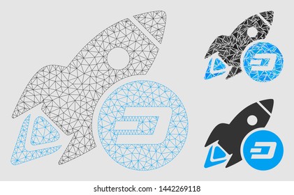 Mesh Dash rocket model with triangle mosaic icon. Wire frame polygonal mesh of Dash rocket. Vector collage of triangle parts in variable sizes and color tones.