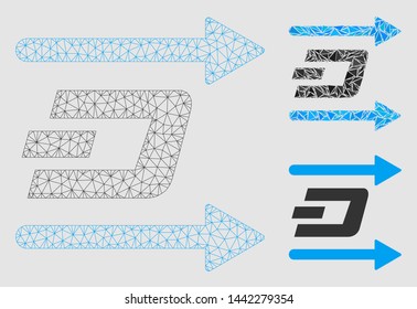 Mesh Dash send arrows model with triangle mosaic icon. Wire frame triangular mesh of Dash send arrows. Vector mosaic of triangle elements in various sizes and color shades.