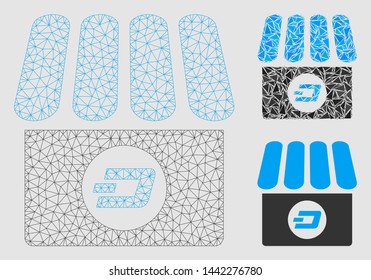 Mesh Dash shop model with triangle mosaic icon. Wire carcass triangular mesh of Dash shop. Vector mosaic of triangle elements in various sizes and color hues.