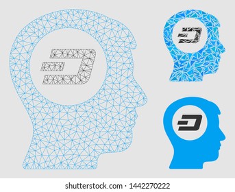 Mesh Dash think model with triangle mosaic icon. Wire frame triangular mesh of Dash think. Vector mosaic of triangle elements in different sizes and color tones.