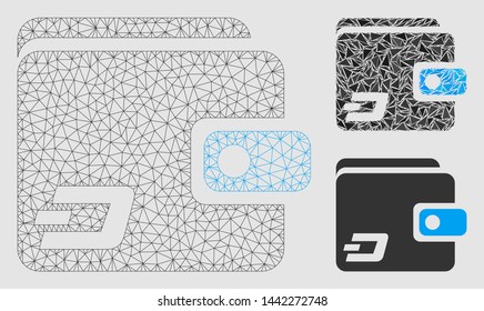 Mesh Dash wallet model with triangle mosaic icon. Wire frame polygonal network of Dash wallet. Vector mosaic of triangle parts in different sizes and color tinges.