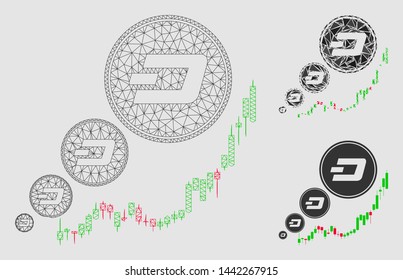 Mesh Dashcoin inflation chart model with triangle mosaic icon. Wire carcass polygonal mesh of Dashcoin inflation chart. Vector mosaic of triangle elements in different sizes and color shades.