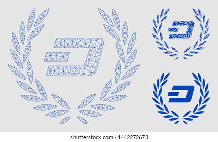 Mesh Dashcoin laureal wreath model with triangle mosaic icon. Wire frame triangular mesh of Dashcoin laureal wreath. Vector mosaic of triangles in variable sizes and color tints.